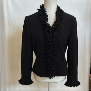 Talbots Women’s Sz S Petite Elegant Black 100%Wool  Jacket with a Shag Knit Trim